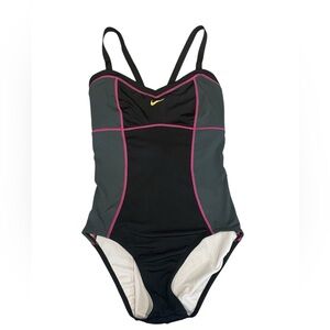 Nike Women's Crossback Black and Gray One-Piece Swimsuit with Pink Trim